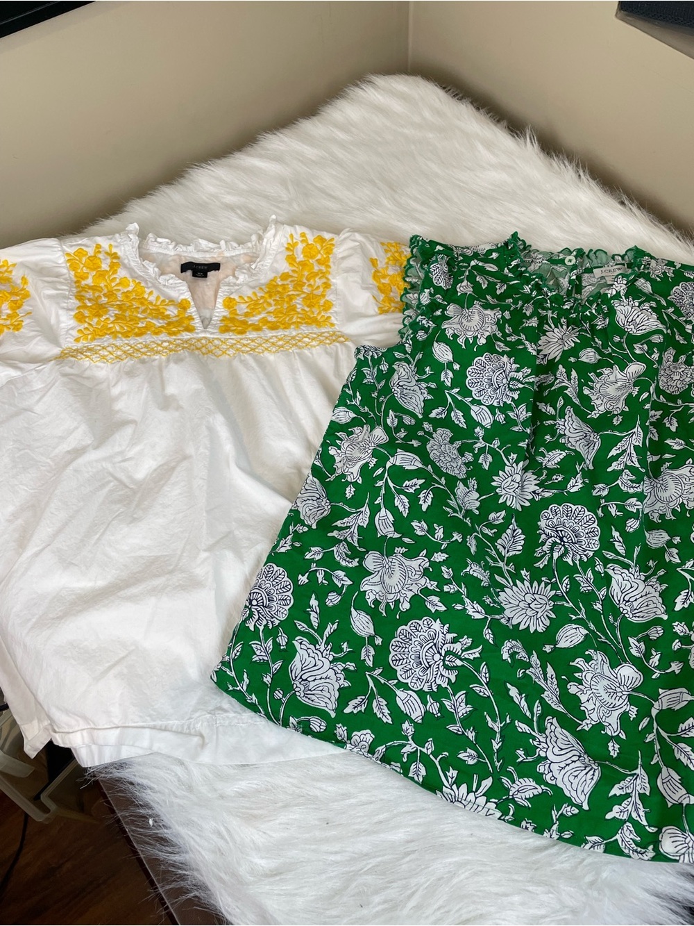 J Crew Bundle White Top with Yellow Embroidery & Green Floral Shirt Set